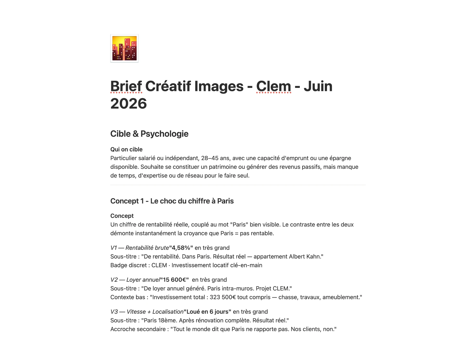 Aperçu d’un brief créatif images anonymisé : cible et psychologie, concepts et accroches testées